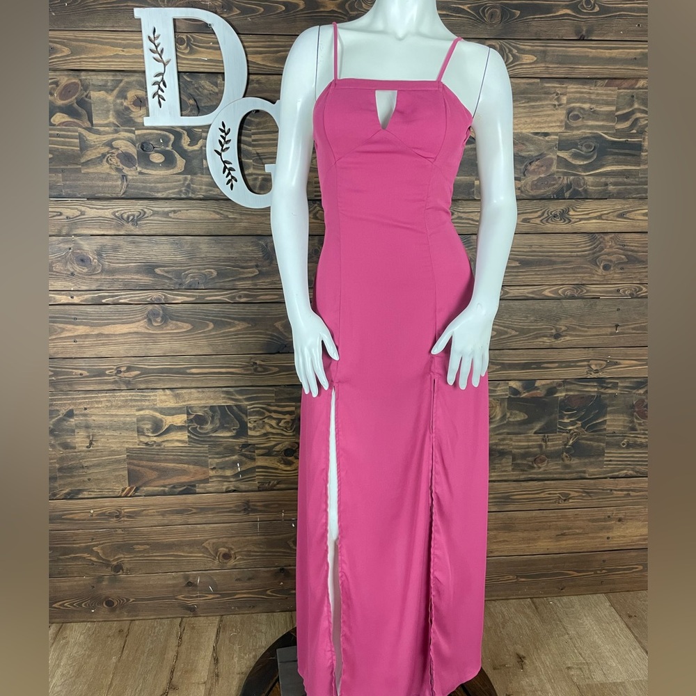 Tobi | Square Neck Keyhole Cutout Low Back Maxi Dress Double Slit Magenta Pink